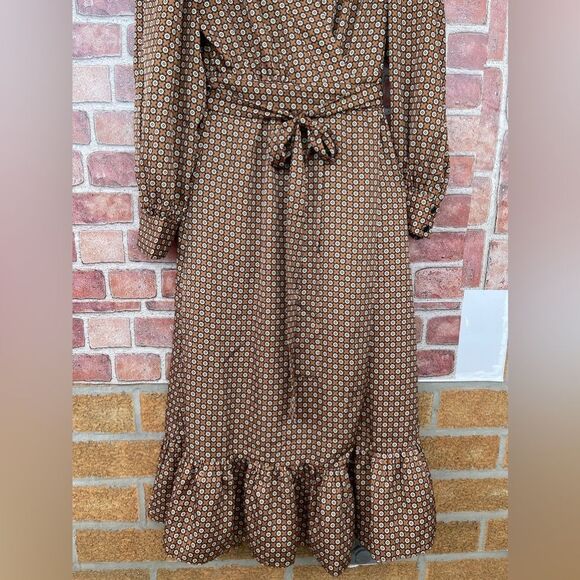 ROSEDRESS VINTAGE FLORAL PRINTED LONG SLEEVE RUFFLE WRAP MIDI DRESS - COFFEE L - Picture 10 of 17